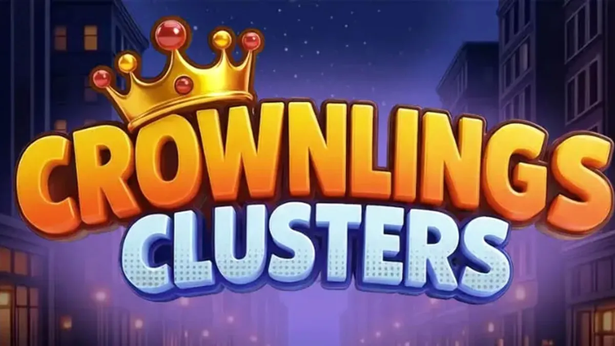 Personagens coloridos e neon do slot Crownlings Clusters em um fundo festivo