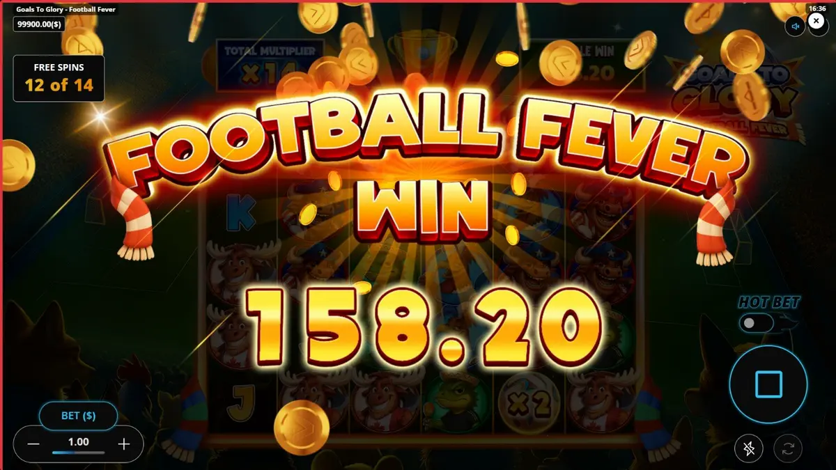 Interface do jogo de slot Goals to Glory Football Fever com tema de futebol