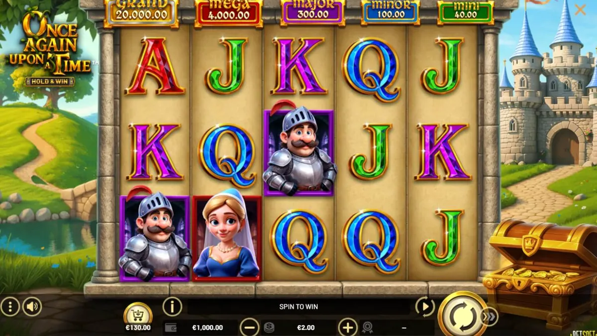 Cena de fantasia medieval com cavaleiro e dragão no slot Once Again Upon A Time