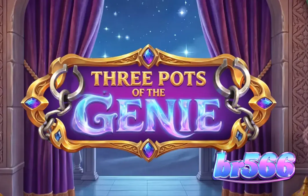 Interface visual e design temático do slot Three Pots of the Genie com potes de gemas brilhantes.